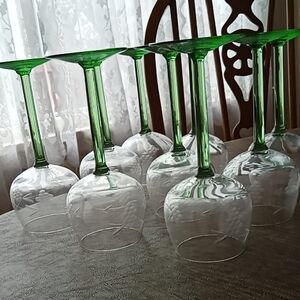 Set of Green Stem Wine Glasses
